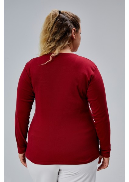 Curve Büyük Beden %100 Pamuklu Likralı Bisiklet Yaka Basic Düz Uzun Kol Bordo Bluz