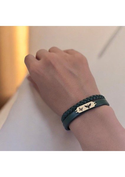 14 Ayar Altın Plakalı Kral Kartal Temalı Koyu Yeşil Derili Kelebek Motifli Hediye BILEKLIK-656SEMBOL