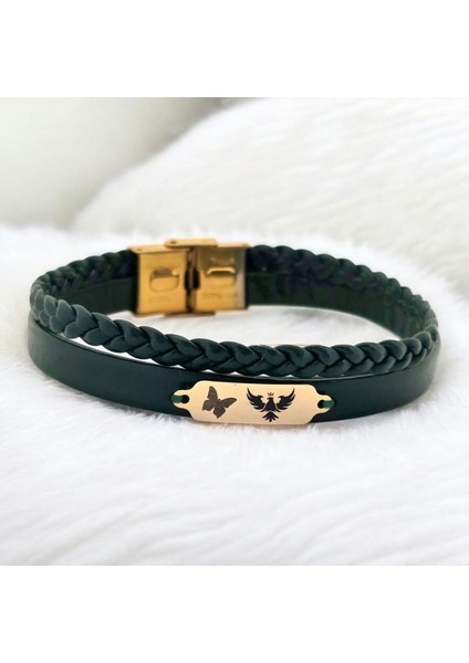 14 Ayar Altın Plakalı Kral Kartal Temalı Koyu Yeşil Derili Kelebek Motifli Hediye BILEKLIK-656SEMBOL fiyatları