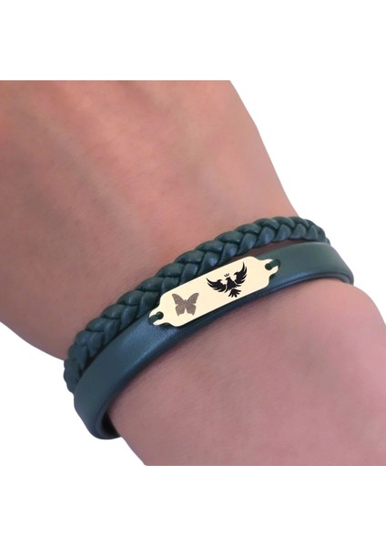 14 Ayar Altın Plakalı Kral Kartal Temalı Koyu Yeşil Derili Kelebek Motifli Hediye BILEKLIK-656SEMBOL fırsatları