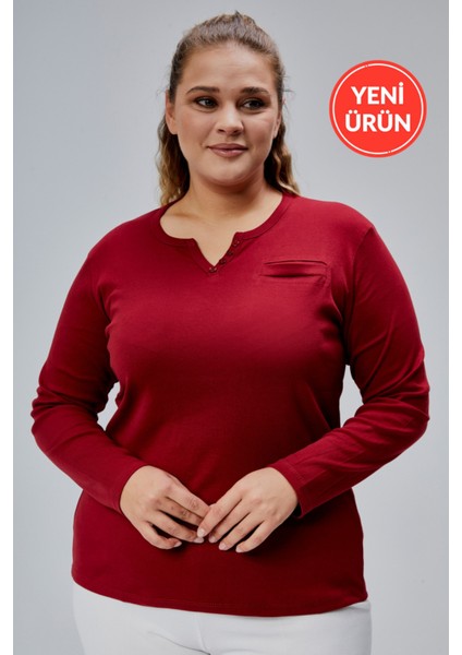 Curve Büyük Beden %100 Pamuklu Likralı Bisiklet Yaka Basic Düz Uzun Kol Bordo Bluz