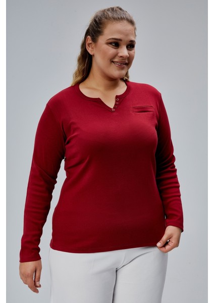 Curve Büyük Beden %100 Pamuklu Likralı Bisiklet Yaka Basic Düz Uzun Kol Bordo Bluz fırsatları