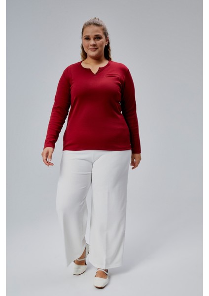 Curve Büyük Beden %100 Pamuklu Likralı Bisiklet Yaka Basic Düz Uzun Kol Bordo Bluz indirimleri