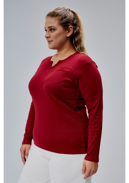 Curve Büyük Beden %100 Pamuklu Likralı Bisiklet Yaka Basic Düz Uzun Kol Bordo Bluz