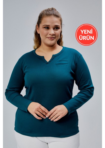 Curve Büyük Beden %100 Pamuklu Likralı Bisiklet Yaka Basic Düz Uzun Kol Yeşil Bluz