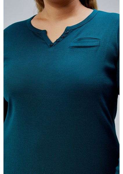 Curve Büyük Beden %100 Pamuklu Likralı Bisiklet Yaka Basic Düz Uzun Kol Yeşil Bluz fırsatları