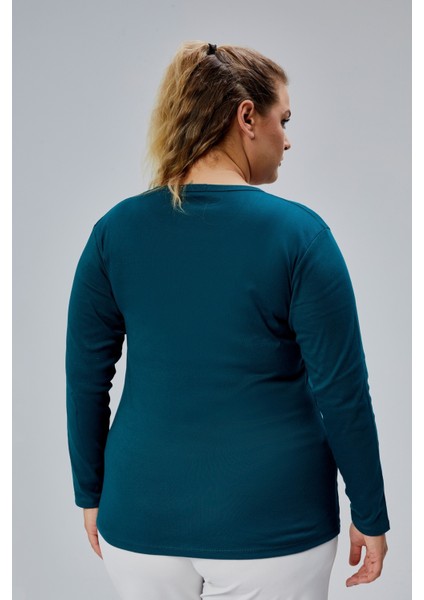 Curve Büyük Beden %100 Pamuklu Likralı Bisiklet Yaka Basic Düz Uzun Kol Yeşil Bluz