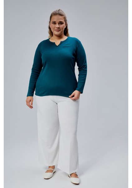 Curve Büyük Beden %100 Pamuklu Likralı Bisiklet Yaka Basic Düz Uzun Kol Yeşil Bluz