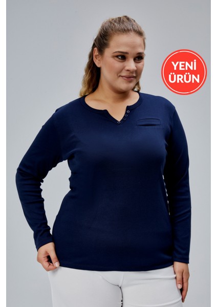 Curve Büyük Beden %100 Pamuklu Likralı Bisiklet Yaka Basic Düz Uzun Kol Lacivert Bluz