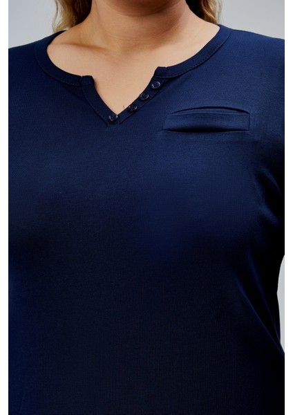 Curve Büyük Beden %100 Pamuklu Likralı Bisiklet Yaka Basic Düz Uzun Kol Lacivert Bluz fiyatları