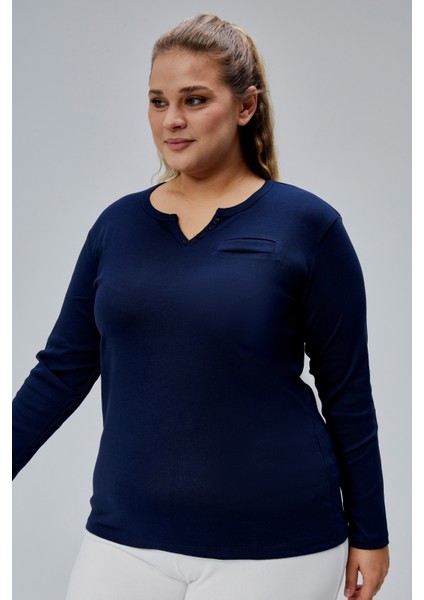 Curve Büyük Beden %100 Pamuklu Likralı Bisiklet Yaka Basic Düz Uzun Kol Lacivert Bluz modelleri