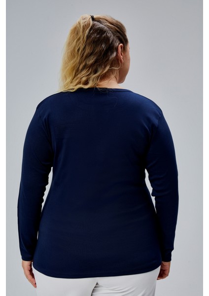 Curve Büyük Beden %100 Pamuklu Likralı Bisiklet Yaka Basic Düz Uzun Kol Lacivert Bluz fırsatları