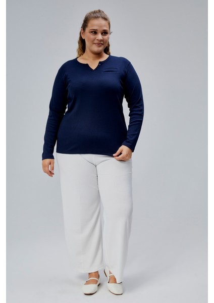 Curve Büyük Beden %100 Pamuklu Likralı Bisiklet Yaka Basic Düz Uzun Kol Lacivert Bluz indirimleri