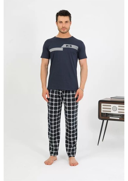 Erkek Pamuk Kısa Kol Pijama Takım Lacivert