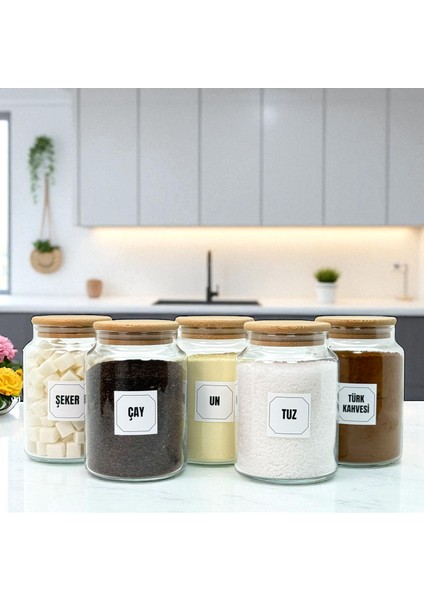 5'li Ahşap Vakum Kapaklı Cam Tuz Un Çay Şeker Türk Kahvesi Saklama Kavanozu Seti Etiket Hediyeli fiyatları
