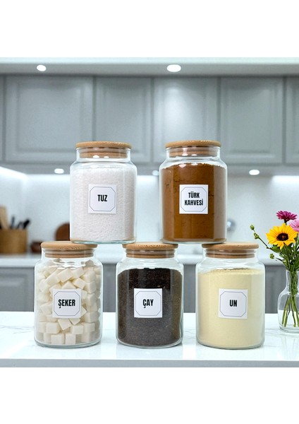 5'li Ahşap Vakum Kapaklı Cam Tuz Un Çay Şeker Türk Kahvesi Saklama Kavanozu Seti Etiket Hediyeli modelleri
