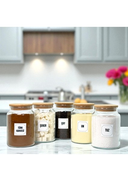 5'li Ahşap Vakum Kapaklı Cam Tuz Un Çay Şeker Türk Kahvesi Saklama Kavanozu Seti Etiket Hediyeli fırsatları