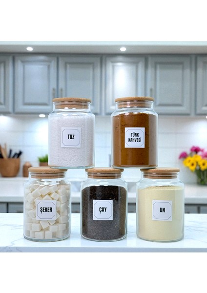 5'li Ahşap Vakum Kapaklı Cam Tuz Un Çay Şeker Türk Kahvesi Saklama Kavanozu Seti Etiket Hediyeli indirimleri