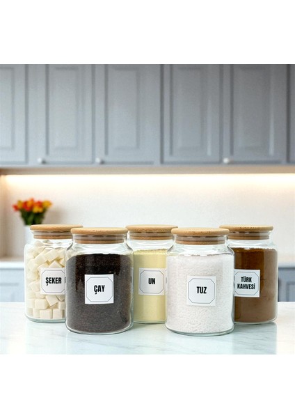 5'li Ahşap Vakum Kapaklı Cam Tuz Un Çay Şeker Türk Kahvesi Saklama Kavanozu Seti Etiket Hediyeli