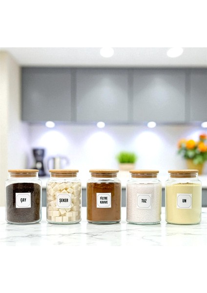 5'li Ahşap Vakum Kapaklı Cam Tuz Un Çay Şeker Türk Kahvesi Saklama Kavanozu Seti Etiket Hediyeli