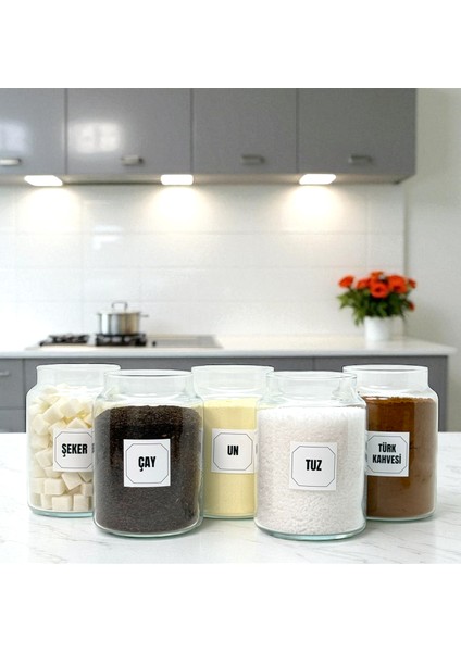 5'li Ahşap Vakum Kapaklı Cam Tuz Un Çay Şeker Türk Kahvesi Saklama Kavanozu Seti Etiket Hediyeli
