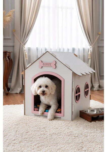 Ahşap Dekoratif Köpek Evi-Kulübesi, Küçük Irk Köpekler Için Kulübe, Köpek Kulübesi Beyaz-Pembe