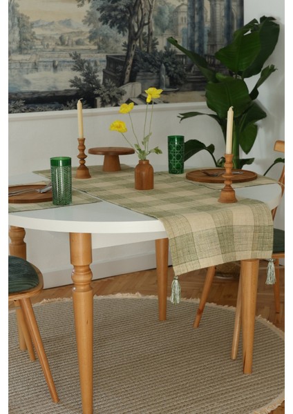 Yakacihome Juta Yeşil 5 Parça | 4 Parça Amerikan Servis & 1 Parça Püsküllü Runner Jüt Kumaş Sofra Seti