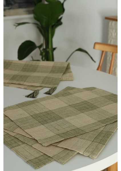 Yakacihome Juta Yeşil 5 Parça | 4 Parça Amerikan Servis & 1 Parça Püsküllü Runner Jüt Kumaş Sofra Seti
