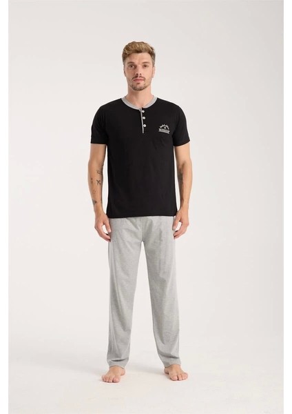 Erkek Siyah Düğmeli Yaka Kısa Kol Pijama Takımı
