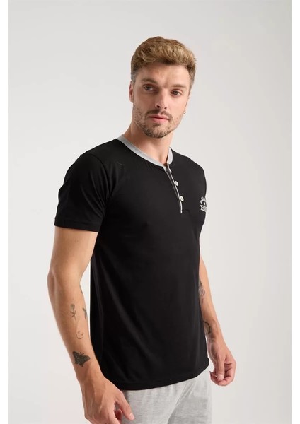 Erkek Siyah Düğmeli Yaka Kısa Kol Pijama Takımı modelleri