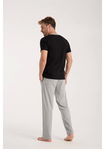 Erkek Siyah Düğmeli Yaka Kısa Kol Pijama Takımı fırsatları