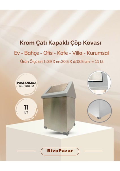 Krom Sallanır Çatı Kapaklı Çöp Kovası 11 Lt
