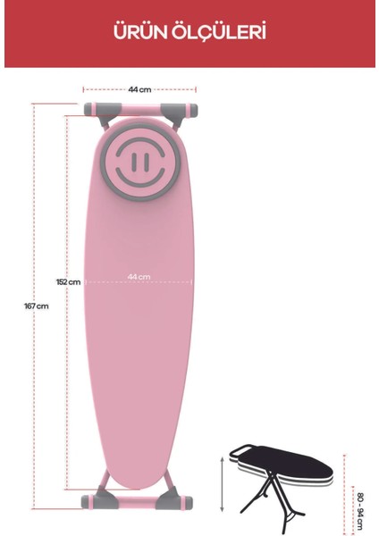 Premium Ütü Masası Soft Pembe Ayarlanabilir Yükseklik 44x152 cm Fonksiyonel Tasarım fiyatları
