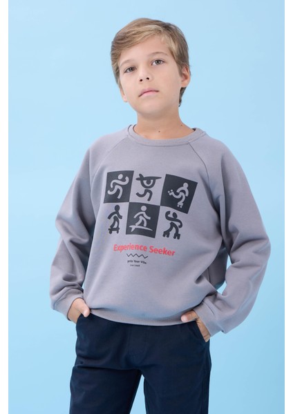 Erkek Çocuk Bisiklet Yaka Mevsimlik Baskılı Sweatshirt Gri