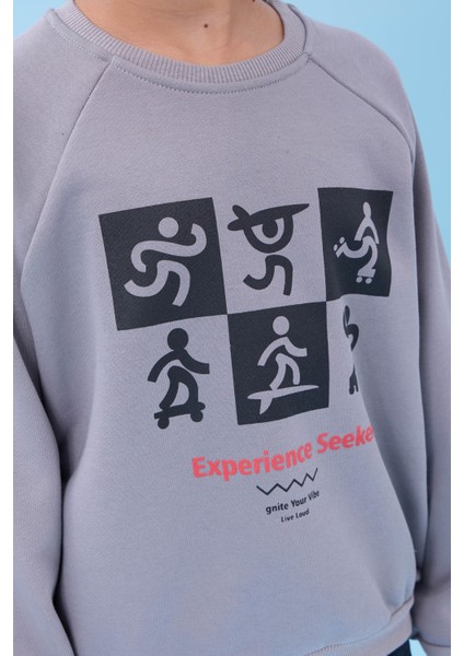 Erkek Çocuk Bisiklet Yaka Mevsimlik Baskılı Sweatshirt Gri fırsatları