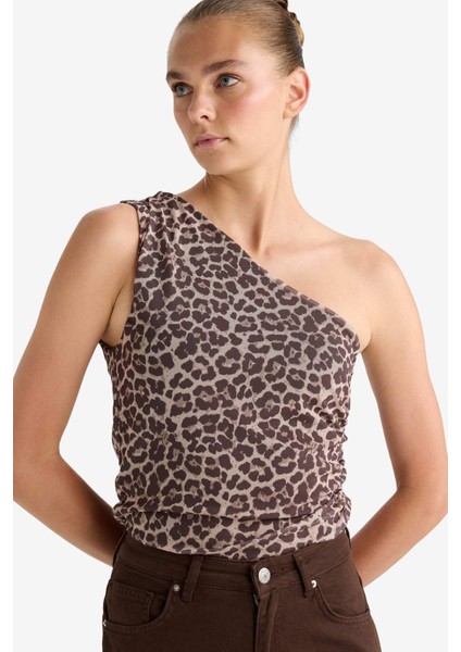 Slim Fit Dar Kesim Leopar Desenli Tek Omuzlu Tül Bluz G2546AX25WN