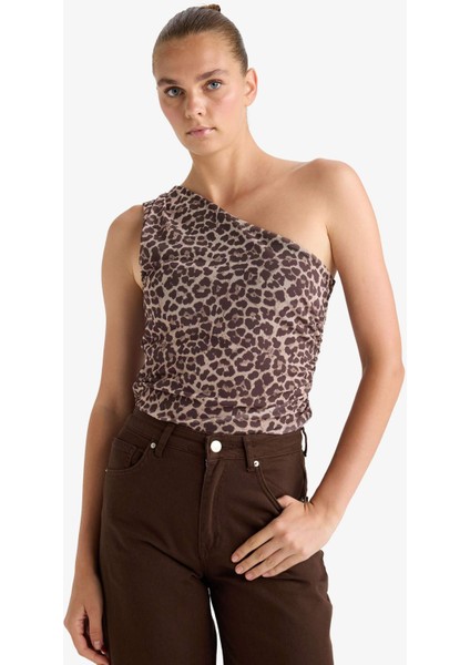 Slim Fit Dar Kesim Leopar Desenli Tek Omuzlu Tül Bluz G2546AX25WN modelleri