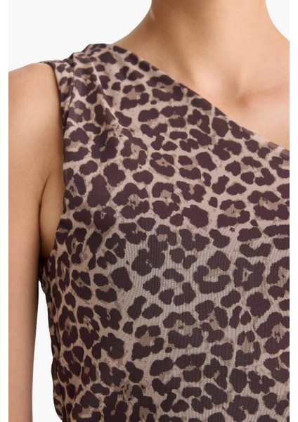 Slim Fit Dar Kesim Leopar Desenli Tek Omuzlu Tül Bluz G2546AX25WN fırsatları