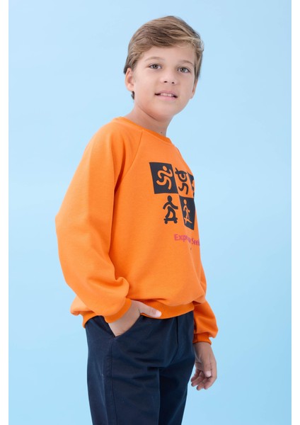 Erkek Çocuk Bisiklet Yaka Mevsimlik Baskılı Sweatshirt Turuncu modelleri