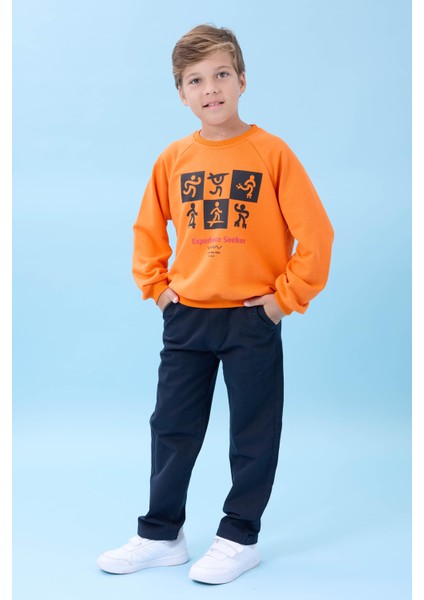 Erkek Çocuk Bisiklet Yaka Mevsimlik Baskılı Sweatshirt Turuncu fırsatları