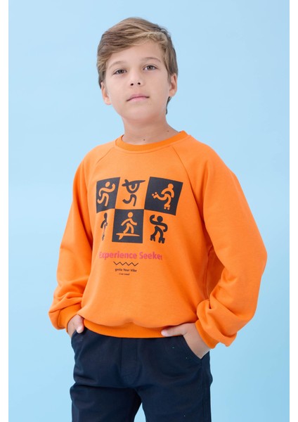 Erkek Çocuk Bisiklet Yaka Mevsimlik Baskılı Sweatshirt Turuncu indirimleri