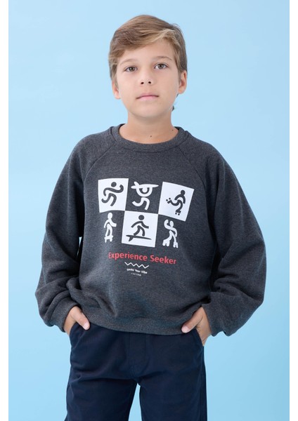 Erkek Çocuk Bisiklet Yaka Mevsimlik Baskılı Sweatshirt Antrasit