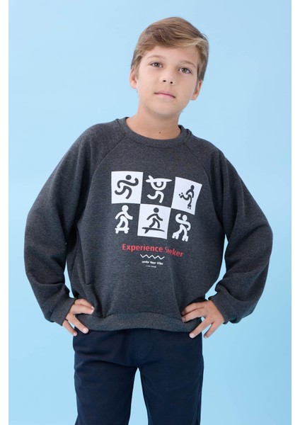 Erkek Çocuk Bisiklet Yaka Mevsimlik Baskılı Sweatshirt Antrasit indirimleri