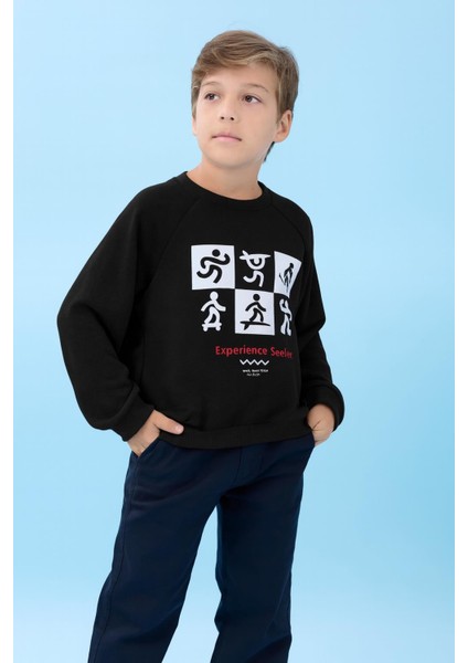 Erkek Çocuk Bisiklet Yaka Mevsimlik Baskılı Sweatshirt Siyah