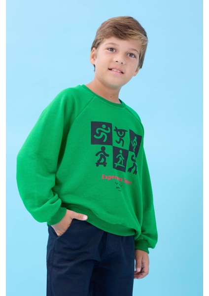 Erkek Çocuk Bisiklet Yaka Mevsimlik Baskılı Sweatshirt Yeşil