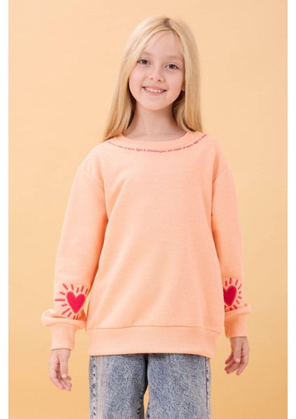 Kız Çocuk Baskılı Bisiklet Yaka Mevsimlik Sweatshirt Somon