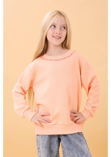 Kız Çocuk Baskılı Bisiklet Yaka Mevsimlik Sweatshirt Somon fiyatları