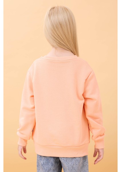 Kız Çocuk Baskılı Bisiklet Yaka Mevsimlik Sweatshirt Somon indirimleri