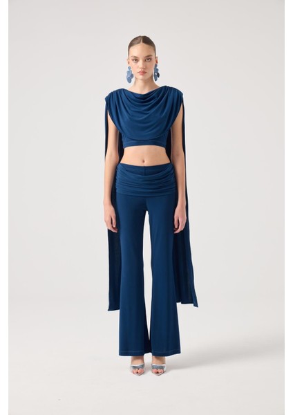 Şal Detaylı Bluz ve Ispanyol Pantolonlu Finley Takım Mavi
