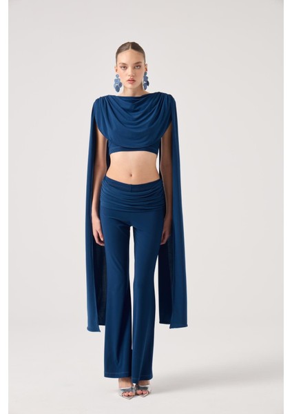 Şal Detaylı Bluz ve Ispanyol Pantolonlu Finley Takım Mavi modelleri